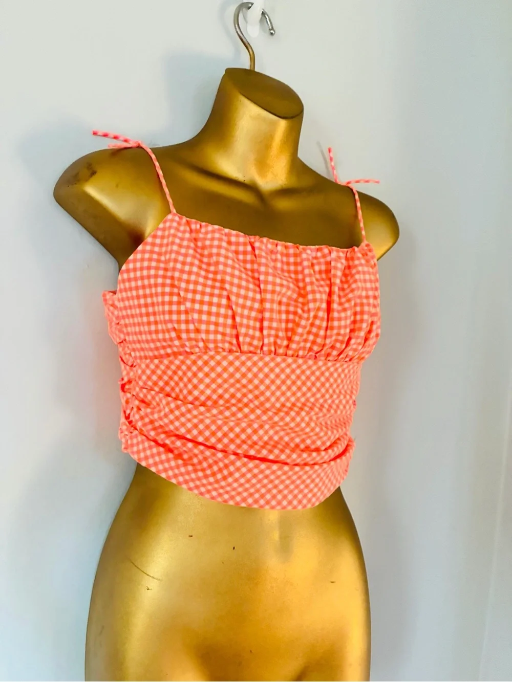 Zara Gingham Ruched Crop Top Orange Pink Smocked Tie Strap Y2K Size M